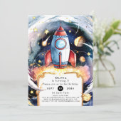 Bunte Raumrakete zum Geburtstag Einladung (Stehend Vorderseite)