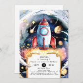 Bunte Raumrakete zum Geburtstag Einladung (Vorne/Hinten)