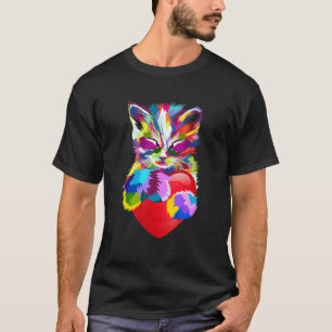 Bunte Regenbogenkatze lächelnd und Herz haltend T-Shirt