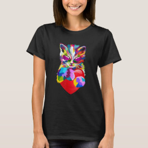 Bunte Regenbogenkatze lächelnd und Herz haltend T-Shirt
