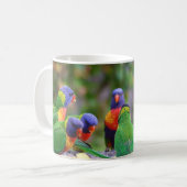 Bunte Regenbogenloris Papageien beim Essen Kaffeetasse (Vorderseite Links)