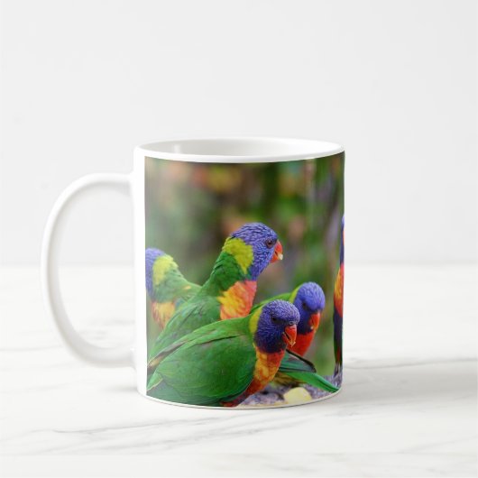 Bunte Regenbogenloris Papageien beim Essen Kaffeetasse (Links)