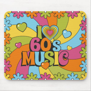Bunte Retro-60er-Musik-Herzen-Wellen und Blumen Mousepad