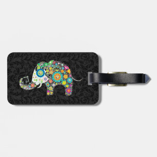 Bunte Retro-Blumen Elefant & schwarze Damast 2 Gepäckanhänger