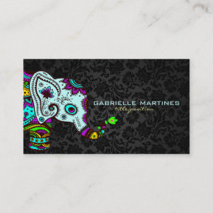 Bunte Retro-Blumen Elefant & schwarze Damastmuster Visitenkarte