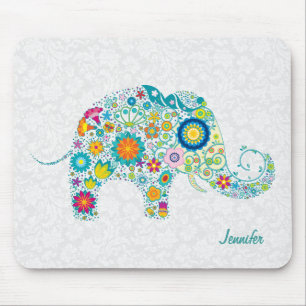 Bunte Retro-Blumen-Elefanten & Weiße Damastmuster Mousepad