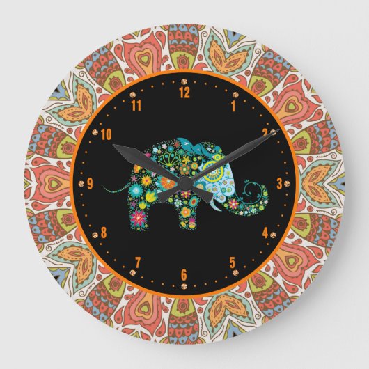 Bunte Retro Blumen u. Elefant 4 Große Wanduhr (Vorderseite)