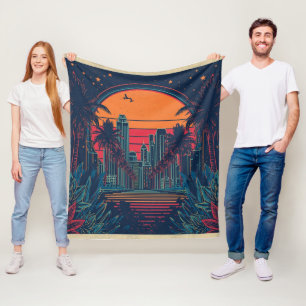 Bunte Retro-Futuristische Doodle-Style-Skyline Fleecedecke