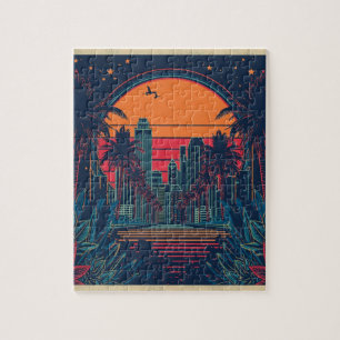 Bunte Retro-Futuristische Doodle-Style-Skyline Puzzle