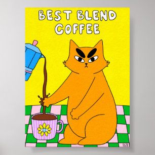 Bunte Retro-Katze-Kaffee-Illustration Poster