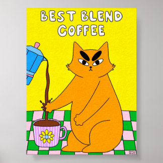 Bunte Retro-Katze-Kaffee-Illustration Poster
