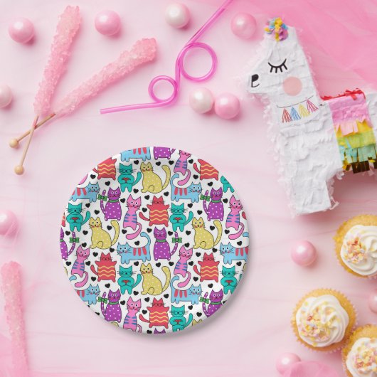 Bunte Retro Katzen-katzenartiges Muster Pappteller (Party)