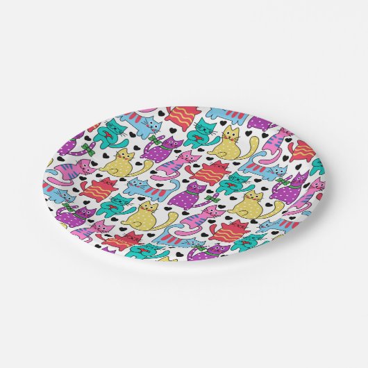 Bunte Retro Katzen-katzenartiges Muster Pappteller (Schrägansicht)