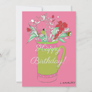 Bunte rosa Happy Birthday Blumen in Tasse  Feiertagskarte