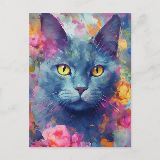Bunte Russische Blaue Katze Postkarte (Vorderseite)