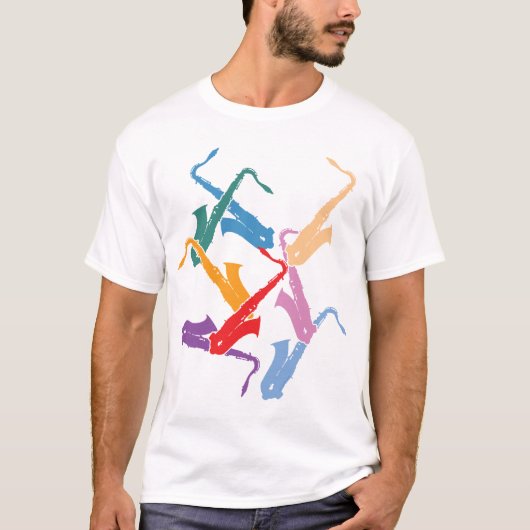 Bunte Saxophone T-Shirt (Vorderseite)