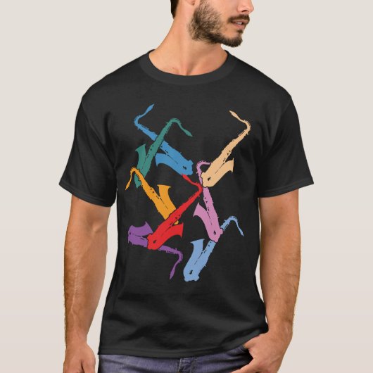 Bunte Saxophone T-Shirt (Vorderseite)
