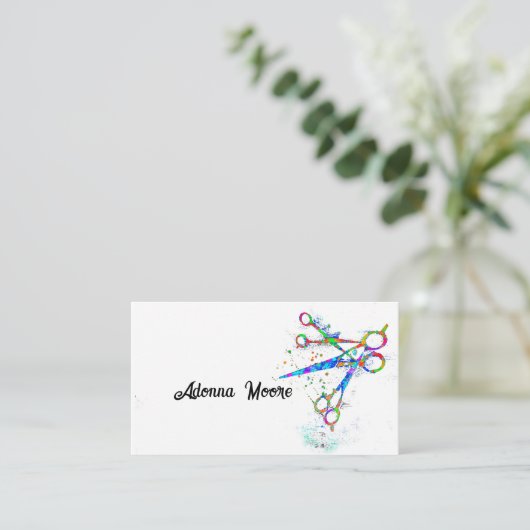 bunte Schere auf Weiß für kundenspezifische Kunst Visitenkarte (Stehend Vorderseite)