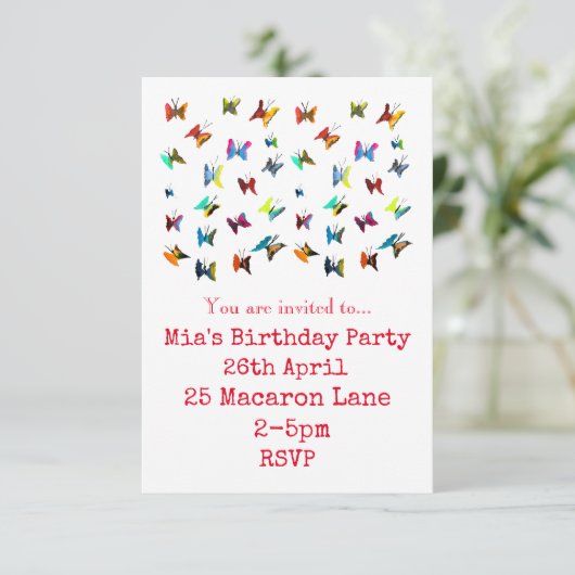 Bunte Schmetterlinge, Mädchen zum Geburtstag Einladung (Stehend Vorderseite)