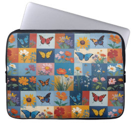 Bunte Schmetterlinge und Wildblumen Patchwork Laptopschutzhülle