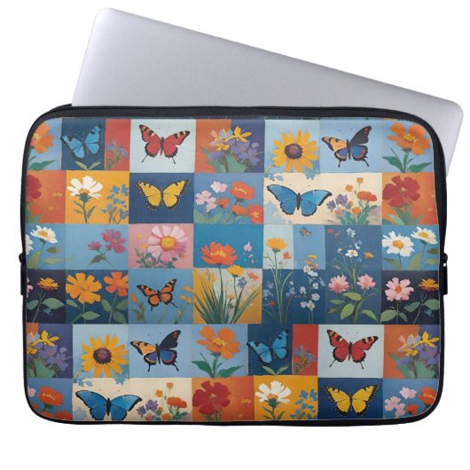Bunte Schmetterlinge und Wildblumen Patchwork Laptopschutzhülle (Vorderseite)