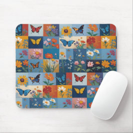 Bunte Schmetterlinge und Wildblumen Patchwork Mousepad