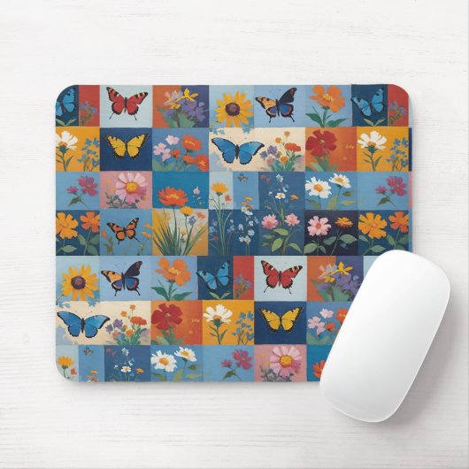 Bunte Schmetterlinge und Wildblumen Patchwork Mousepad (Mit Mouse)