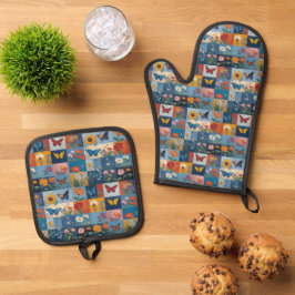 Bunte Schmetterlinge und Wildblumen Patchwork Ofenhandschuh & Topflappen-Set