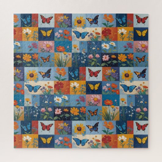 Bunte Schmetterlinge und Wildblumen Patchwork Puzzle (Vertikal)
