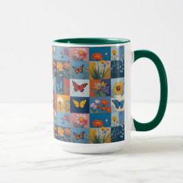 Bunte Schmetterlinge und Wildblumen Patchwork Tasse