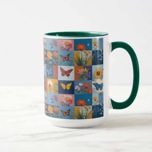 Bunte Schmetterlinge und Wildblumen Patchwork Tasse (Rechts)