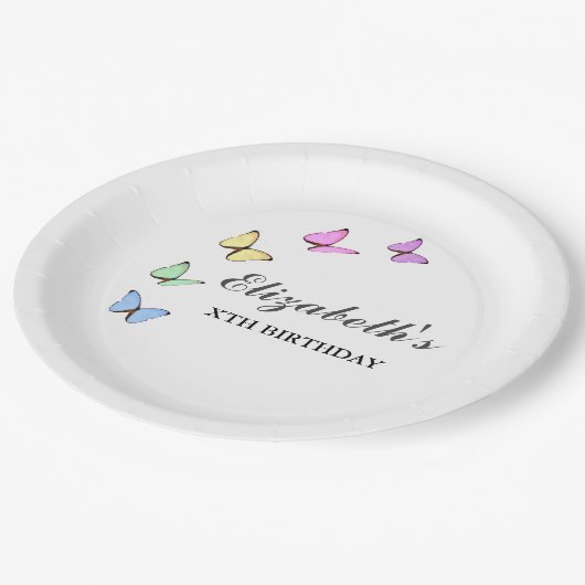 Bunte Schmetterlinge zum Geburtstag Pappteller (Schrägansicht)