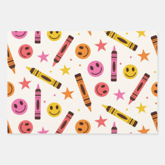 Bunte Schulstifte mit glücklichen Gesichtern Muste Geschenkpapier Set