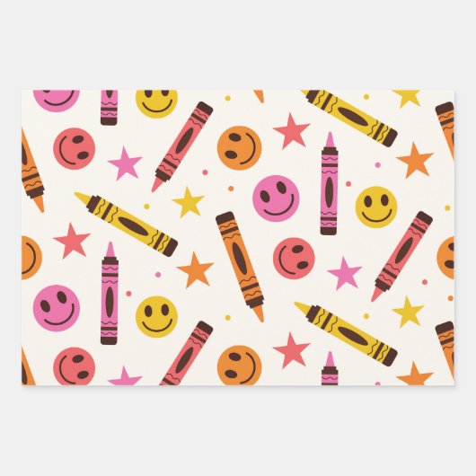 Bunte Schulstifte mit glücklichen Gesichtern Muste Geschenkpapier Set (Vorderseite)