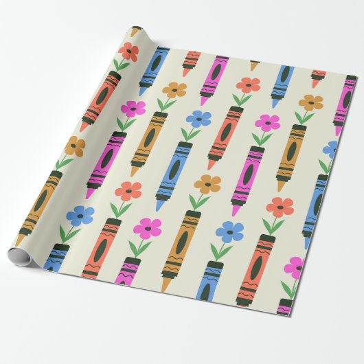 Bunte Schulstifte mit Retro-Blumen-Muster Geschenkpapier (Ungerollt)
