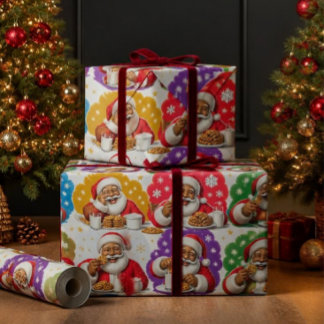 Bunte schwarze Santa-Kekse und Milch Weihnachten  Geschenkpapier