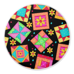 Bunte schwarze Steppdecken-Patchwork-Block-Kunst Keramikknauf