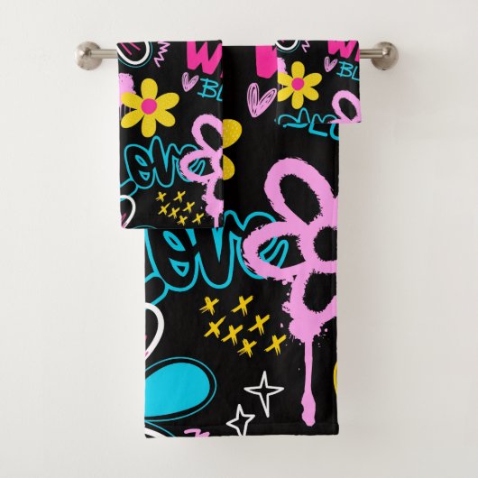Bunte Smiley-Blumen-Graffiti-Muster-Babylätzchen Badhandtuch Set (Insitu)