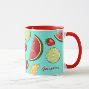 Bunte Sommerfrüchte auf Blau mit individuellem Nam Tasse
