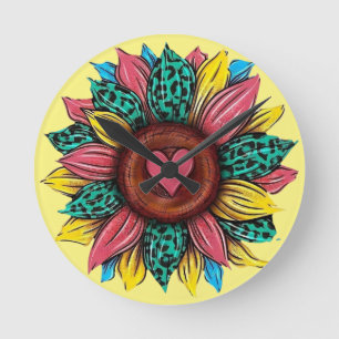 Bunte Sonnenblumen-Uhr Runde Wanduhr
