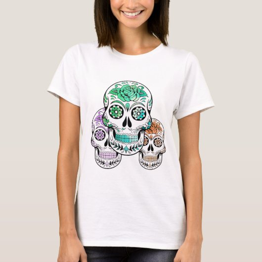 Bunte Spooky Sugar Skulls Halloween T-Shirt (Vorderseite)