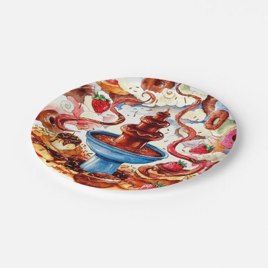 Bunte Springbrunnen Schokolade zum Geburtstag Pappteller (Schrägansicht)