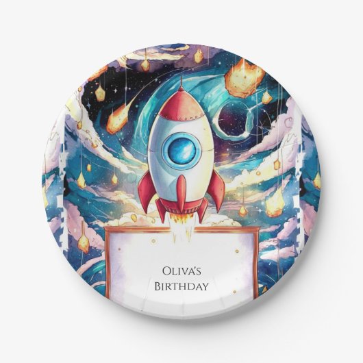 Bunte Stars Rocket Geburtstag Pappteller (Vorderseite)
