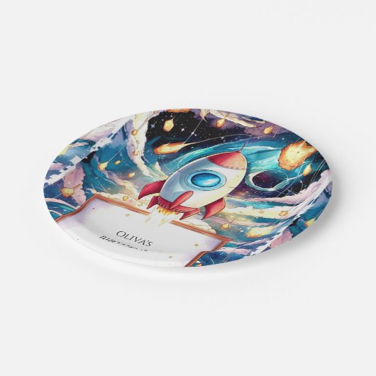 Bunte Stars Rocket Geburtstag Pappteller (Schrägansicht)