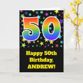 Bunte Sterne + Regenbogen-Muster "50" Geburtstag # Karte (Gelbe Blume)