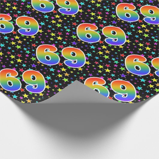 Bunte Sterne + Regenbogen-Muster "69" Ereignis # Geschenkpapier (Ecke)