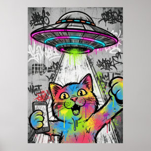 Bunte Street-Art-Katze mit UFO-Graffiti Poster