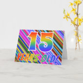 Bunte Streifen + Regenbogen-Muster "15 Jahre alt! Karte (Gelbe Blume)