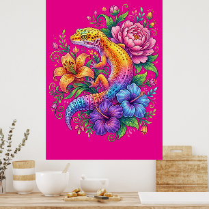 Bunte Süße Leopardgecko-Blumen Regenbogen Poster