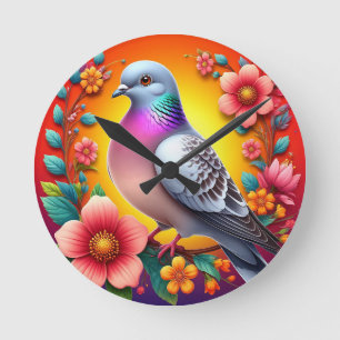 Bunte Taube umgeben von lebendigen Blumen Runde Wanduhr